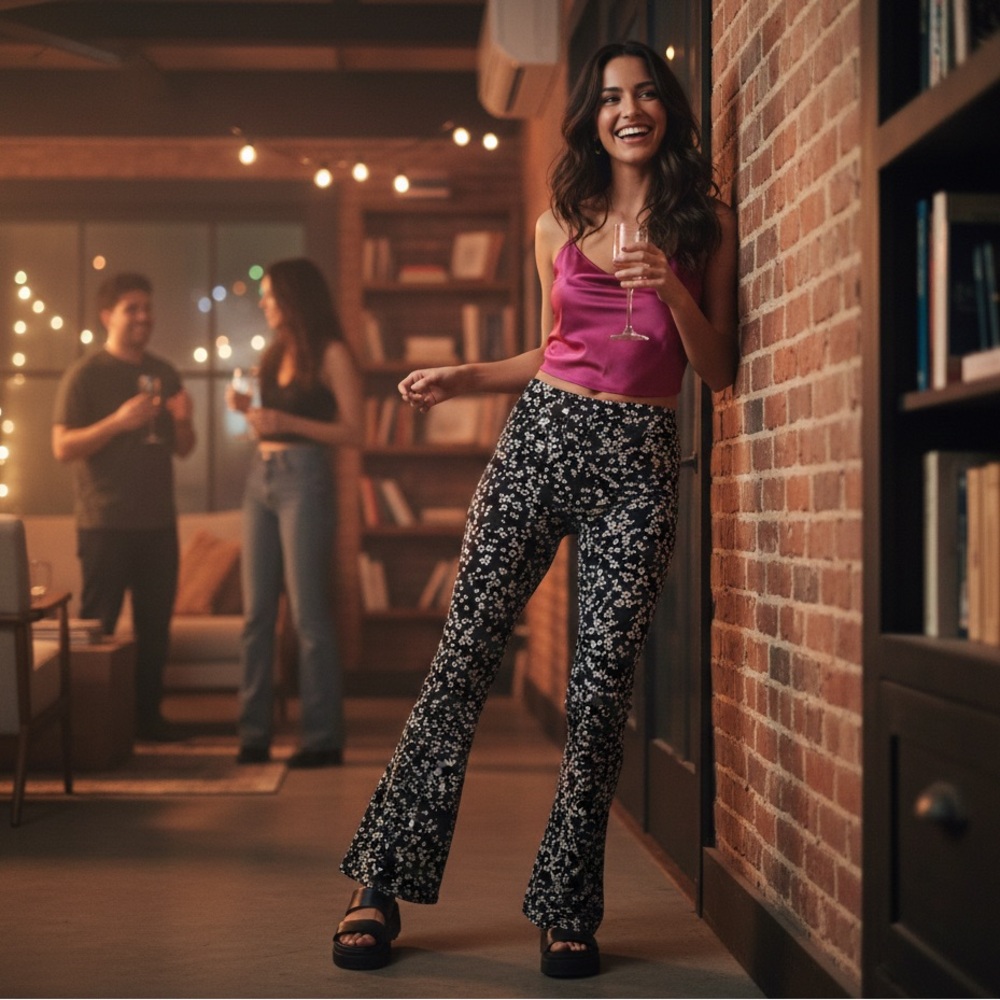Petite Flared Floral B&W pants - Size 4